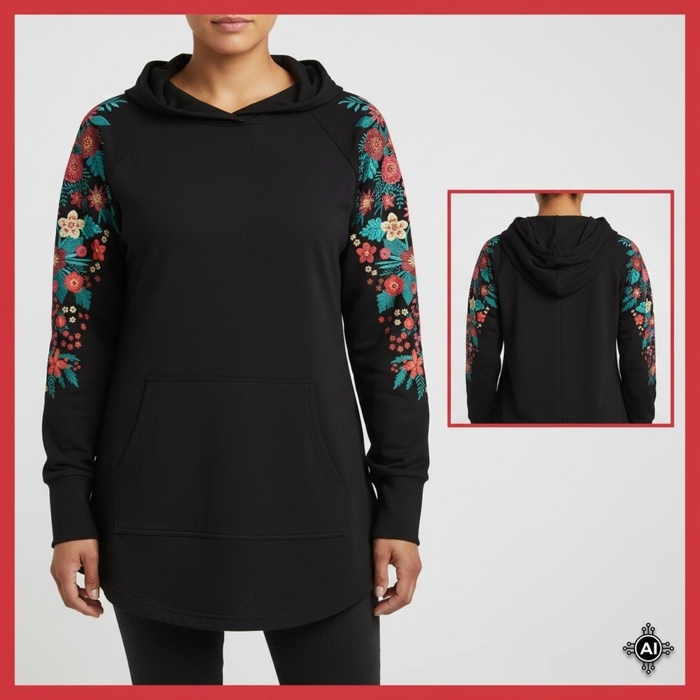 LuLaRoe Amber Hoodie Tunic Top Womens M Black Floral Print‎ Thumbholes Pocket